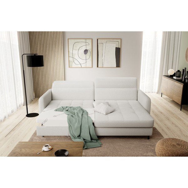 Kremowy rozkładany/ze schowkiem narożnik z materiału bouclé (prawostronny/z szezlongiem) Gomsi – ELTAP-image-1