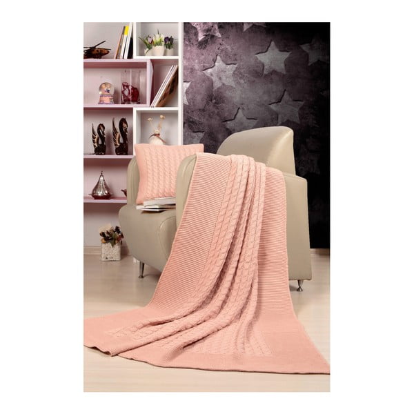 Zestaw jasnoróżowej narzuty i poduszki Kate Louise Tricot Blanket Set Sultan