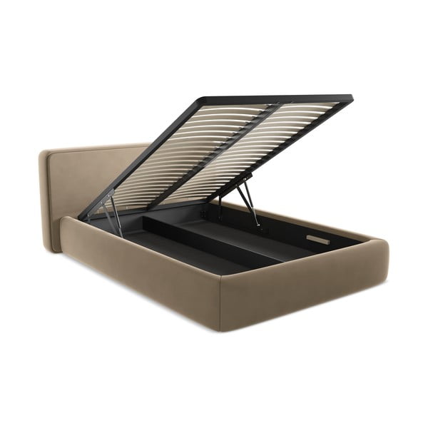 Jasnobrązowe tapicerowane łóżko dwuosobowe ze schowkiem i stelażem 180x200 cm Kiana – Makamii-image-3