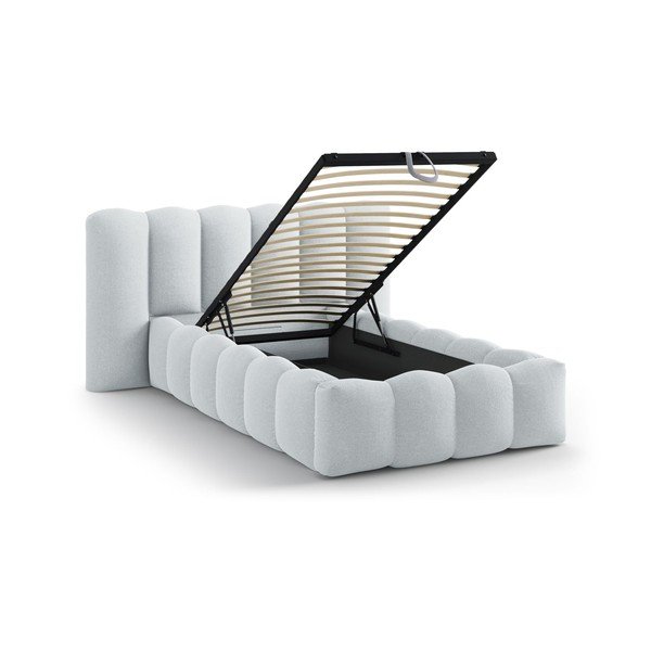 Jasnoszare tapicerowane łóżko jednoosobowe ze schowkiem i stelażem 90x200 cm Lupine – Micadoni -image-1