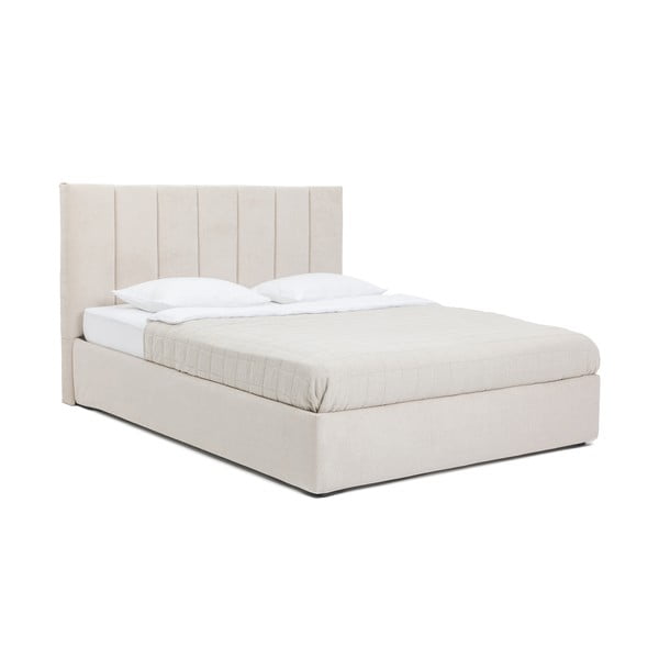 Beżowe tapicerowane łóżko dwuosobowe ze schowkiem i stelażem 160x200 cm Thessa Bold Line – Bonami Selection