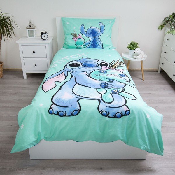 Miętowa bawełniana pościel dziecięca jednoosobowa 140x200 cm Lilo & Stitch "Buddies" – Jerry Fabrics-image-1