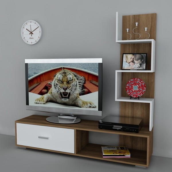 Stolik telewizyjny z regałem Akay Walnut/White, 39x160x160 cm