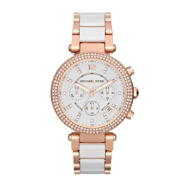 Biały zegarek damski z elementami w kolorze różowego złota Michael Kors Hanah