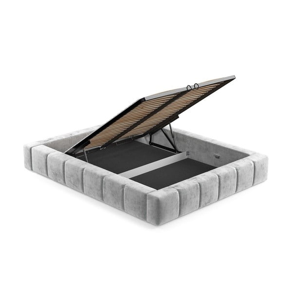 Jasnoszare tapicerowane łóżko dwuosobowe ze schowkiem i stelażem 200x200 cm Aruba L – Maison de Rêve-image-3