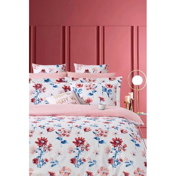 Biało-różowa pościel dwuosobowa z bawełny renforcé z prześcieradłem 200x220 cm – Mila Home