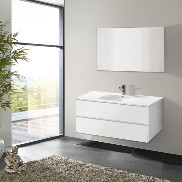 Szafka do łazienki z umywalką i lustrem Flopy, odcień bieli, 100 cm