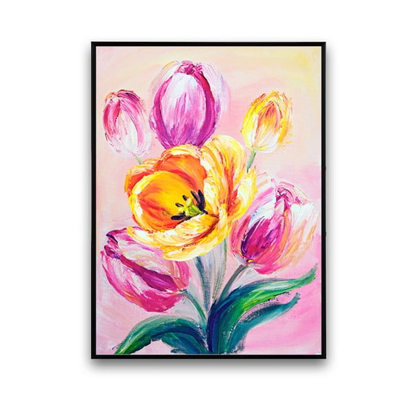 Plakat z tulipanami, różowe tło, 30 x 40 cm