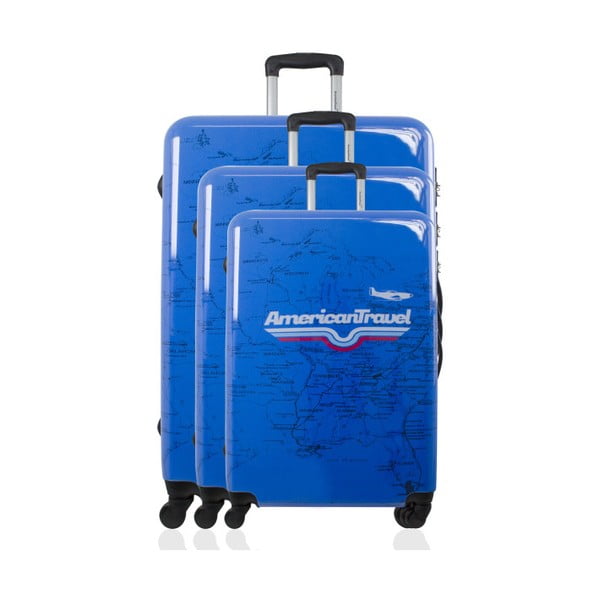 Zestaw 3 niebieskich walizek na kółkach American Travel