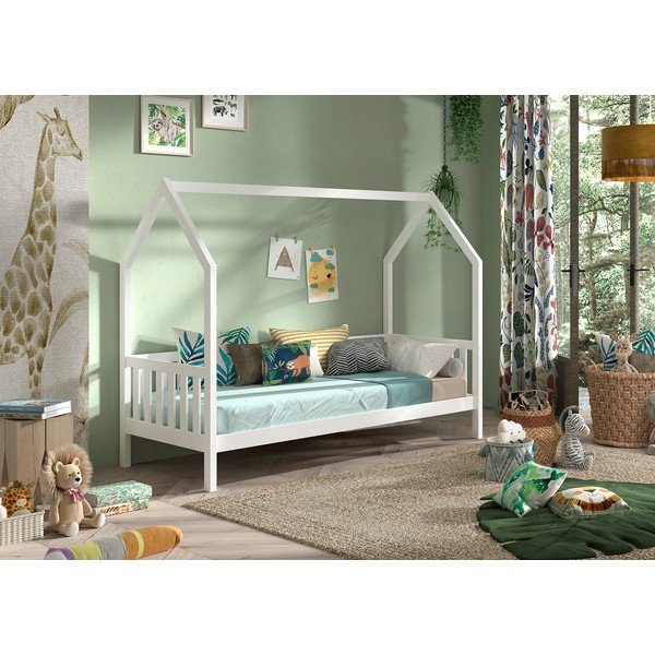 Białe łóżko dziecięce z litego drewna sosnowego w kształcie domku ze stelażem 90x200 cm Cabane – Vipack-image-1