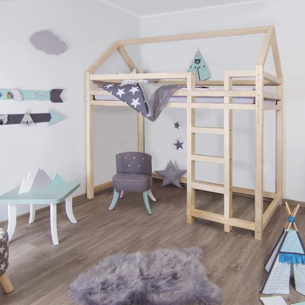 Podwyższane łóżko z drewna świerkowego z drabinką po prawej stronie Benlemi Nesty, 90x200 cm
