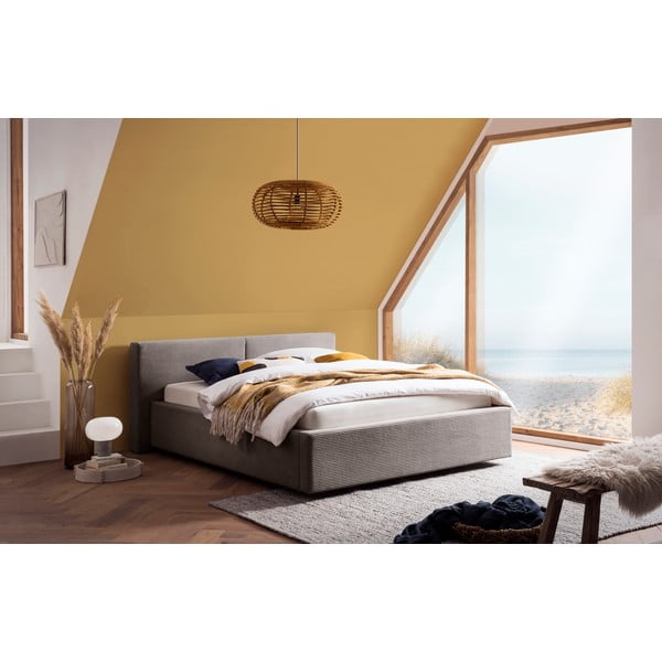 Jasnobrązowe tapicerowane łóżko dwuosobowe ze schowkiem ze stelażem 140x200 cm Cube – Meise Möbel-image-1