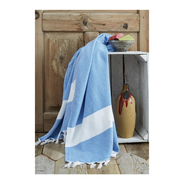 Niebiesko-biały ręcznik Hammam Elmas, 100x180 cm