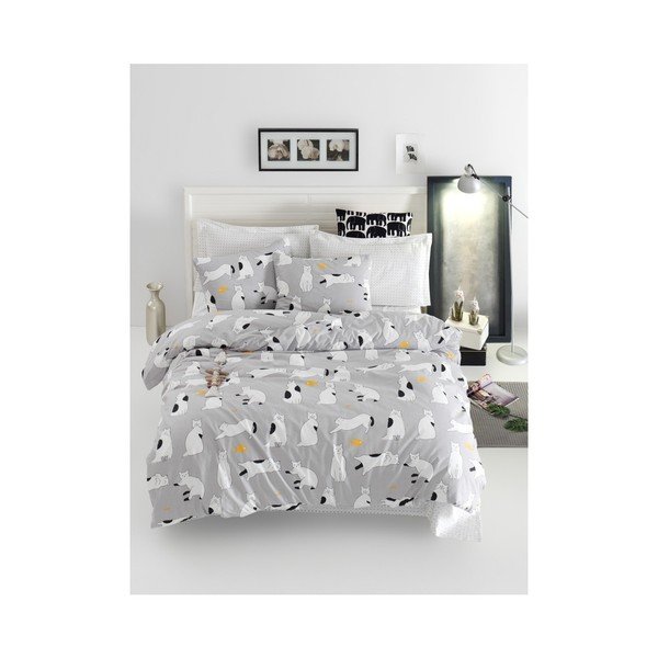 Pościel dwuosobowa z prześcieradłem z bawełny ranforce Mijolnir Liana Grey, 160x220 cm