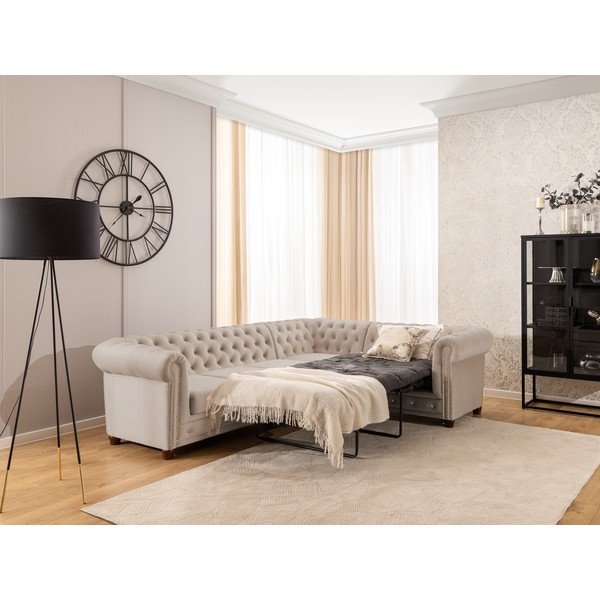 Beżowy aksamitny rozkładany narożnik (prawostronny/w kształcie litery L) York Blik – Ropez-image-4