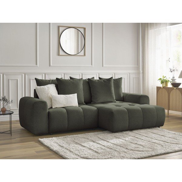 Rozkładany narożnik z tkaniny szenilowej ze schowkiem (prawostronny/z szezlongiem) w kolorze khaki Roxelane – Bobochic Paris-image-3