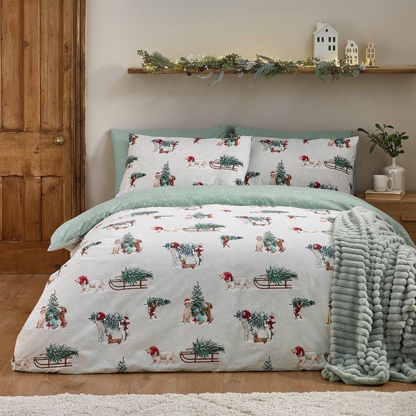Zielona/w naturalnym kolorze flanelowa pościel dwuosobowa 200x200 cm Brushed Christmas Dogs – Catherine Lansfield-image-2