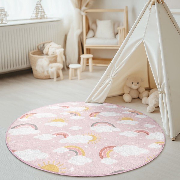 Różowy dywan dziecięcy odpowiedni do prania ø120 cm Rainbow World – Mila Home-image-1