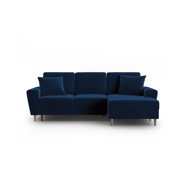 Niebieski aksamitny rozkładany narożnik ze schowkiem (prawostronny/z szezlongiem) Kyoto – Cosmopolitan Design