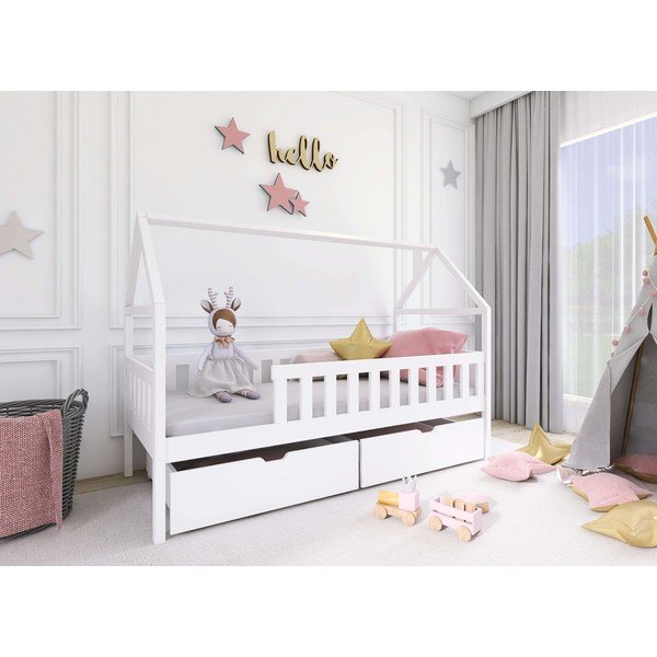 Białe łóżko dziecięce z drewna sosnowego w kształcie domku ze schowkiem 80x180 cm Domi – Lano Meble-image-2