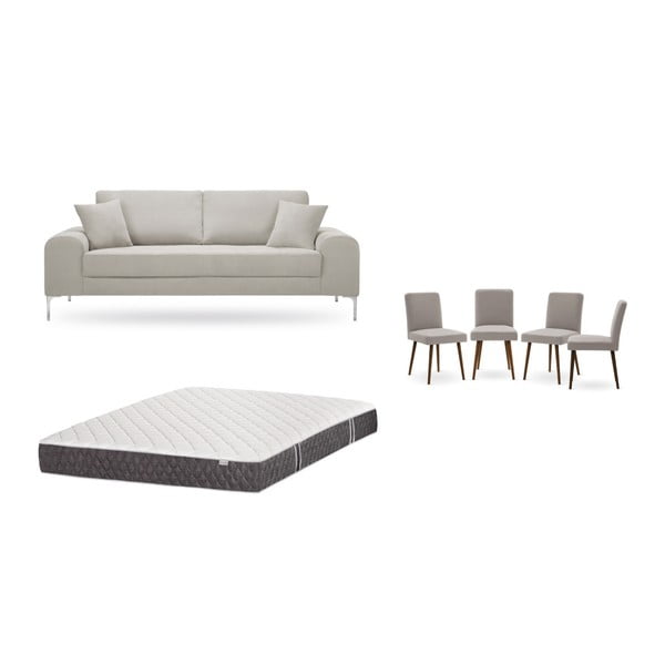 Zestaw 3-osobowej kremowej sofy, 4 szarobrązowych krzeseł i materaca 160x200 cm Home Essentials