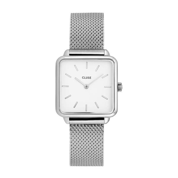 Damski zegarek z kwadratowym cyferblatem i paskiem w kolorze srebra Cluse La Tétragone