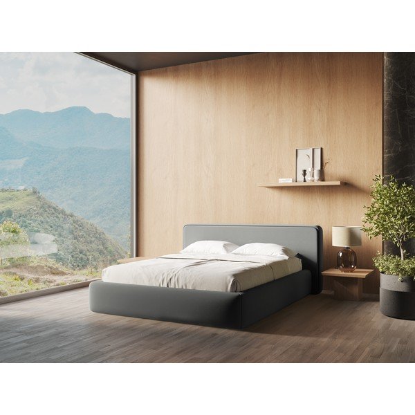 Szare tapicerowane łóżko dwuosobowe ze schowkiem i stelażem 180x200 cm Kiana – Makamii-image-1