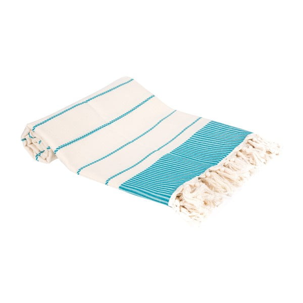 Turkusowy ręcznik kąpielowy tkany ręcznie Ivy's Pinar, 100x180 cm