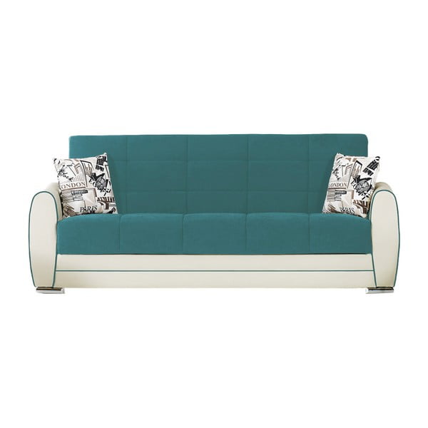 Turkusowo-kremowa trzyosobowa sofa rozkładana ze schowkiem Esidra Rest