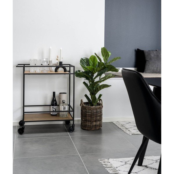 Barek na kółkach z czarną stalową konstrukcją i 2 półkami w dekorze dębu House Nordic Vita-image-1