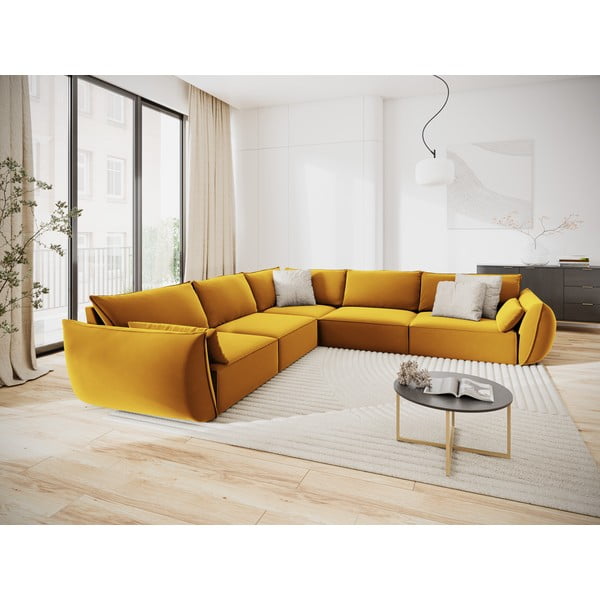 Musztardowy aksamitny narożnik Vanda – Mazzini Sofas-image-1