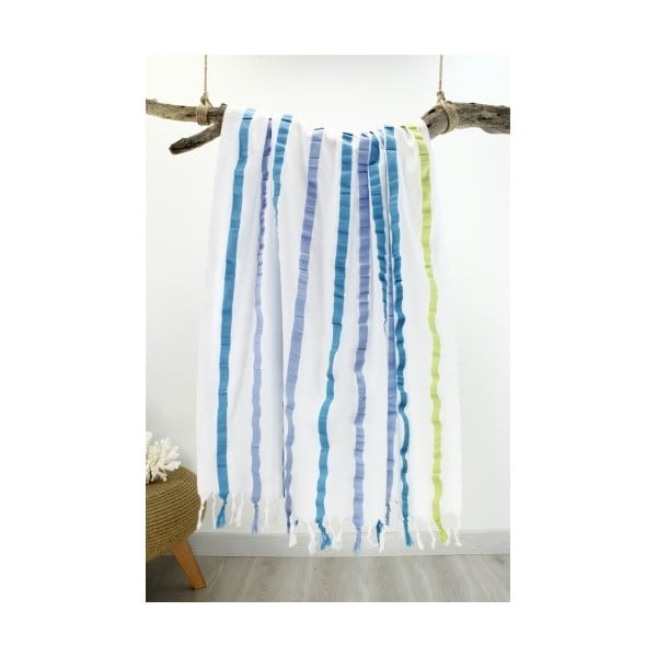 Niebiesko-biały ręcznik w kolorowe paski Hammam Classic Style, 100x170 cm
