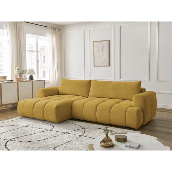 Musztardowy rozkładany/ze schowkiem narożnik (lewostronny/z szezlongiem) Fuji – Bobochic Paris-image-1