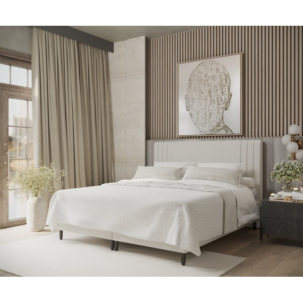 Beżowe tapicerowane łóżko dwuosobowe ze schowkiem 140x200 cm Musca – Maison de Rêve-image-1