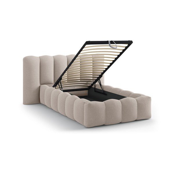 Jasnobrązowe tapicerowane łóżko jednoosobowe ze schowkiem i stelażem 90x200 cm Lupine – Micadoni -image-1