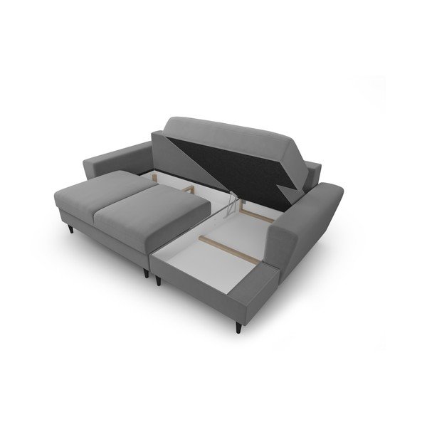 Jasnoszary aksamitny rozkładany narożnik ze schowkiem (prawostronny/z szezlongiem) Kyoto – Cosmopolitan Design-image-3