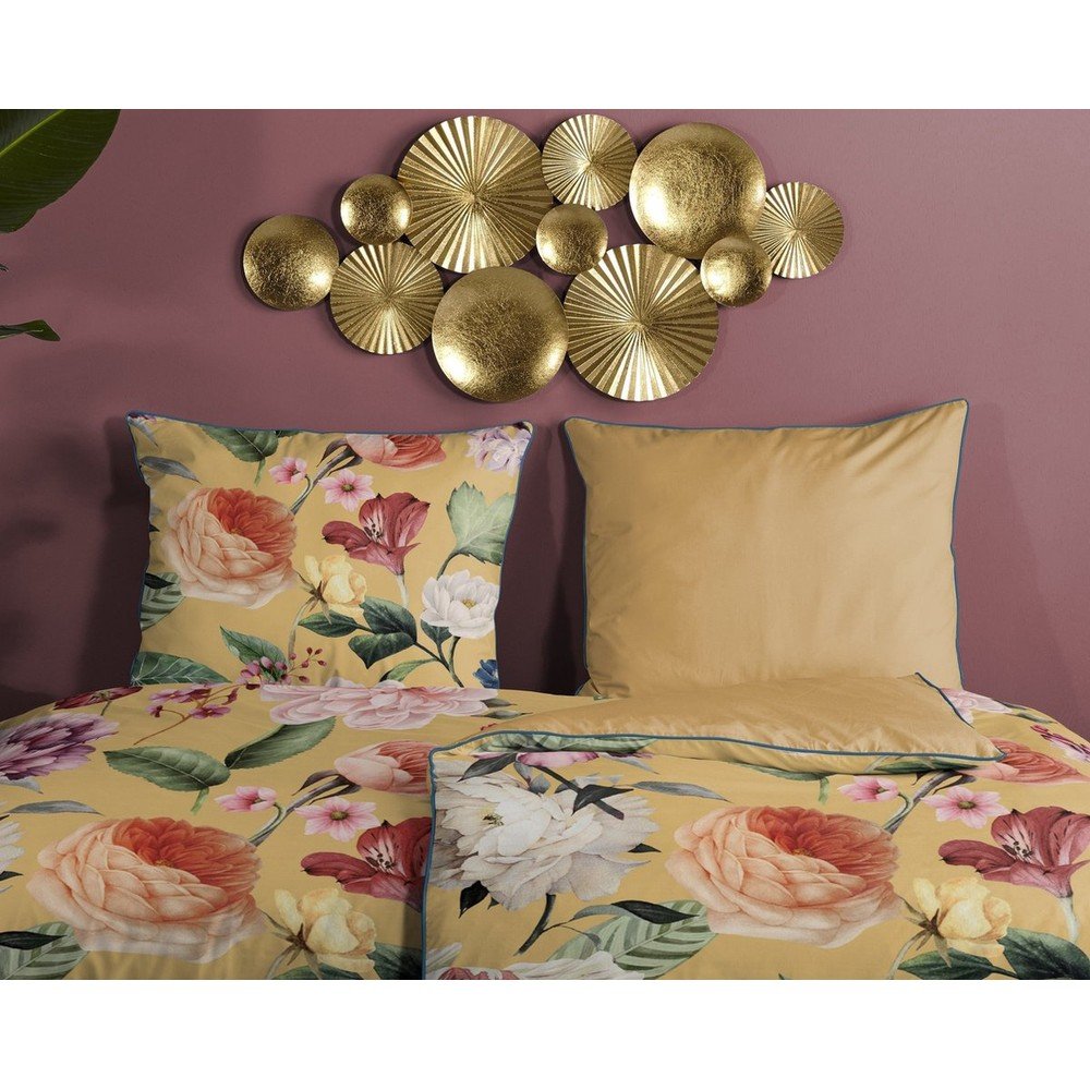 Żółta pościel jednoosobowa z bawełny organicznej Descanso Flowery, 140x200 cm (zdjęcie 3)