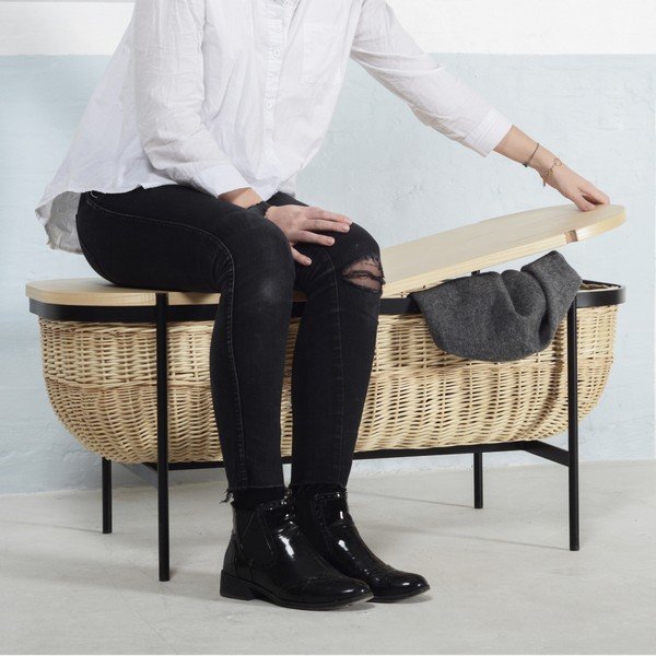 Ławka wiklinowa z czarną konstrukcją i schowkiem OK Design Willow-image-2