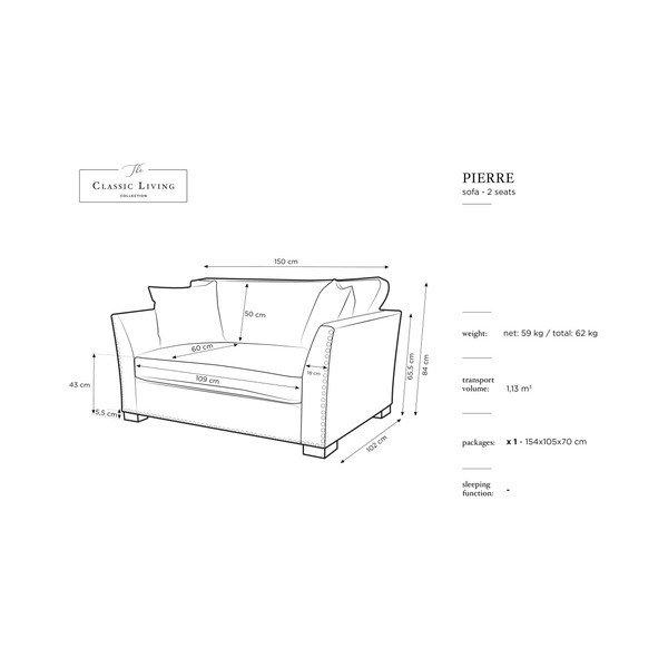 Ciemnoszara sofa 2-osobowa The Classic Living Pierre-image-1