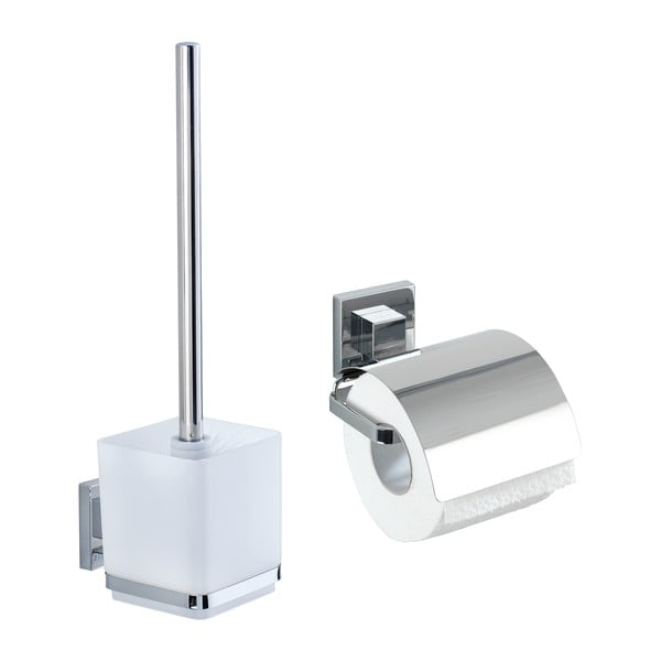 Samoprzylepny zestaw akcesoriów łazienkowych ze stali nierdzewnej w kolorze srebra z połyskiem Quadro – Wenko