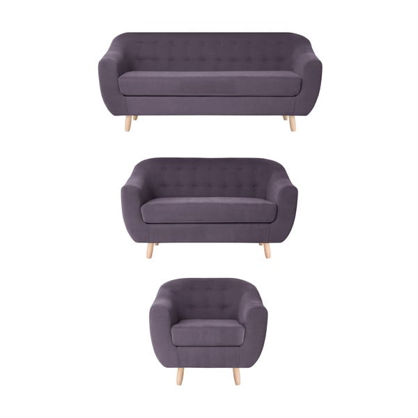Fioletowy zestaw fotela i 2 sof dwuosobowej i trzyosobowej Jalouse Maison Vicky