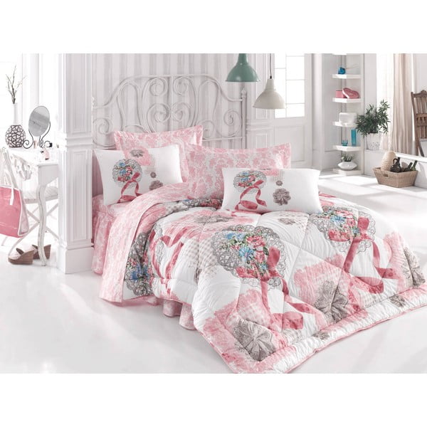 Narzuta, poszewki na poduszkę i ozdobna falbana wokół łóżka Merciful Pink, 195x215 cm