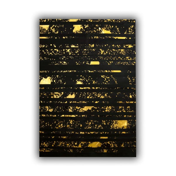Czarny skórzany dywan ze złotymi detalami Pipsa Stripes, 180x120 cm