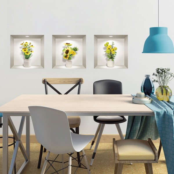 Komplet 3 naklejek ściennych 3D Ambiance Yellow Flowers-image-1