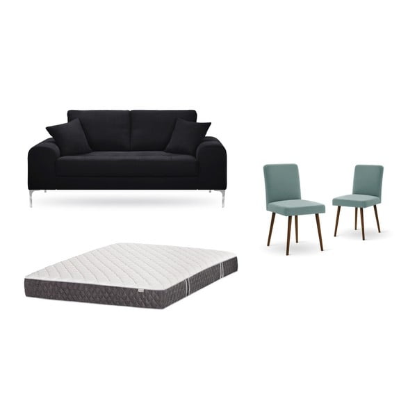 Zestaw 2-osobowej czarnej sofy, 2 szarozielonych krzeseł i materaca 140x200 cm Home Essentials