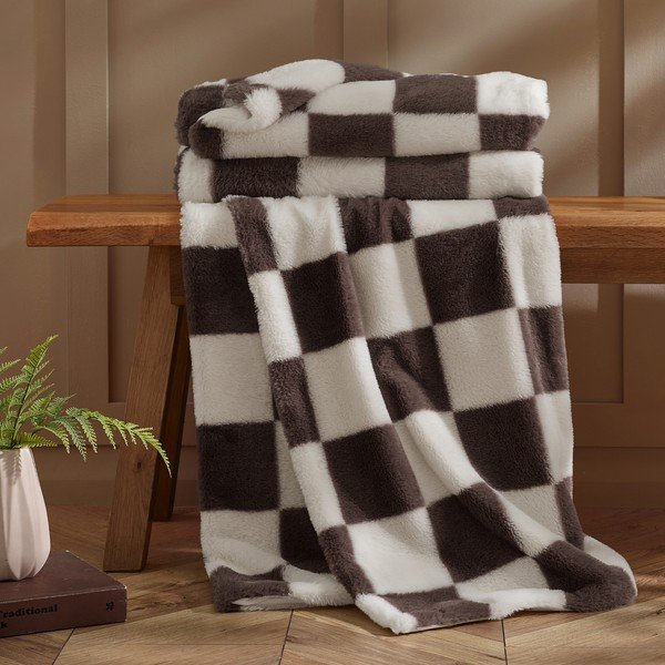 Biały/ciemnobrązowy koc 130x170 cm Cosy Soft Checkerboard – Catherine Lansfield-image-2