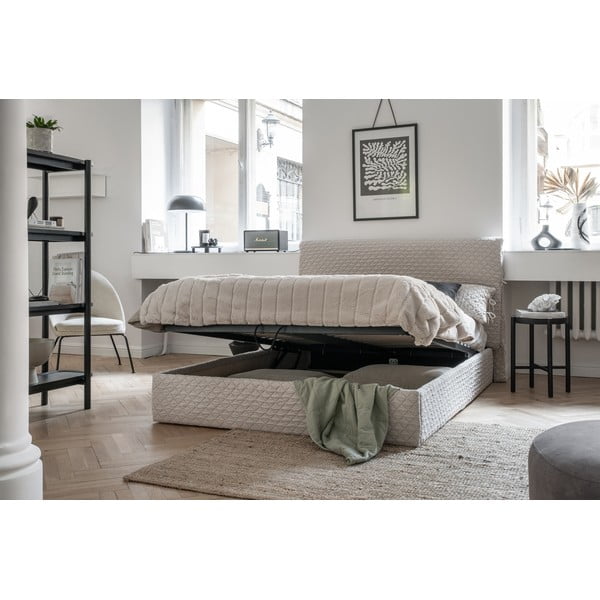 Beżowe tapicerowane łóżko dwuosobowe ze schowkiem i stelażem 160x200 cm Sleepy Luna – Miuform-image-1