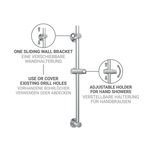 Drążek prysznicowy z suwakiem na słuchawkę ze stali nierdzewnej w kolorze srebra z połyskiem bez wiercenia 70 cm – Wenko-image-3