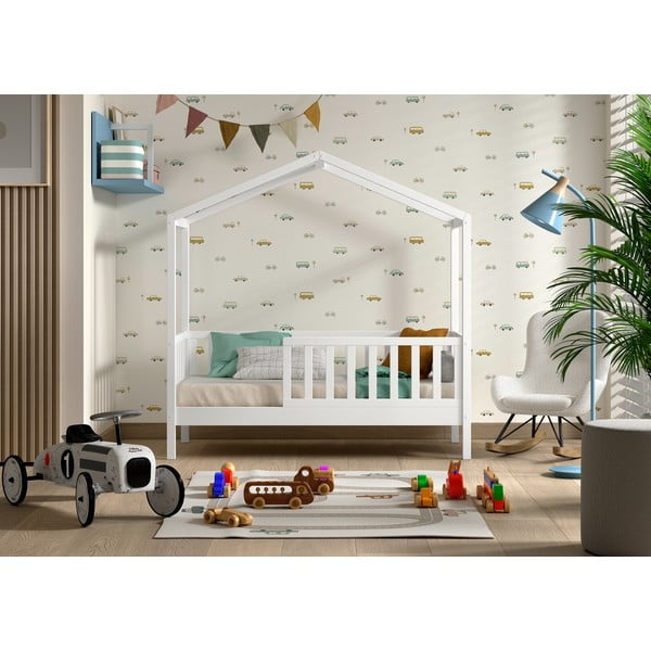 Białe łóżko dziecięce z litego drewna sosnowego w kształcie domku ze stelażem 70x140 cm DALLAS – Vipack-image-1