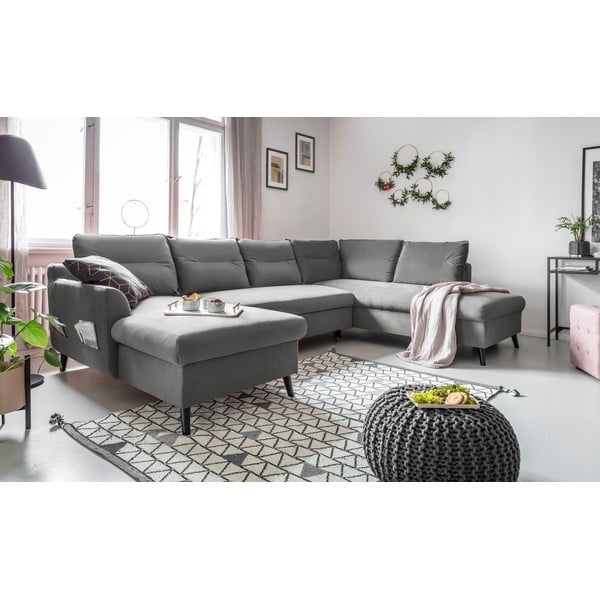 Jasnoszara aksamitna rozkładana sofa w kształcie litery "U" Miuform Stylish Stan, prawostronna-image-3